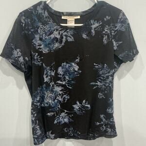 Vintage Womens Velvet Burnout Top Size Medium Black Blue Floral Whimsigoth Fairy